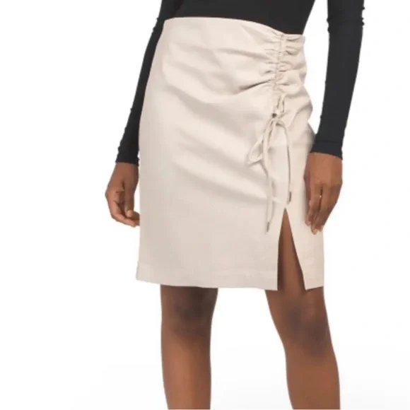 House of Harlow 1960 | Ruched Faux Leather Pencil Skirt Thigh Slit - Picture 2 of 6